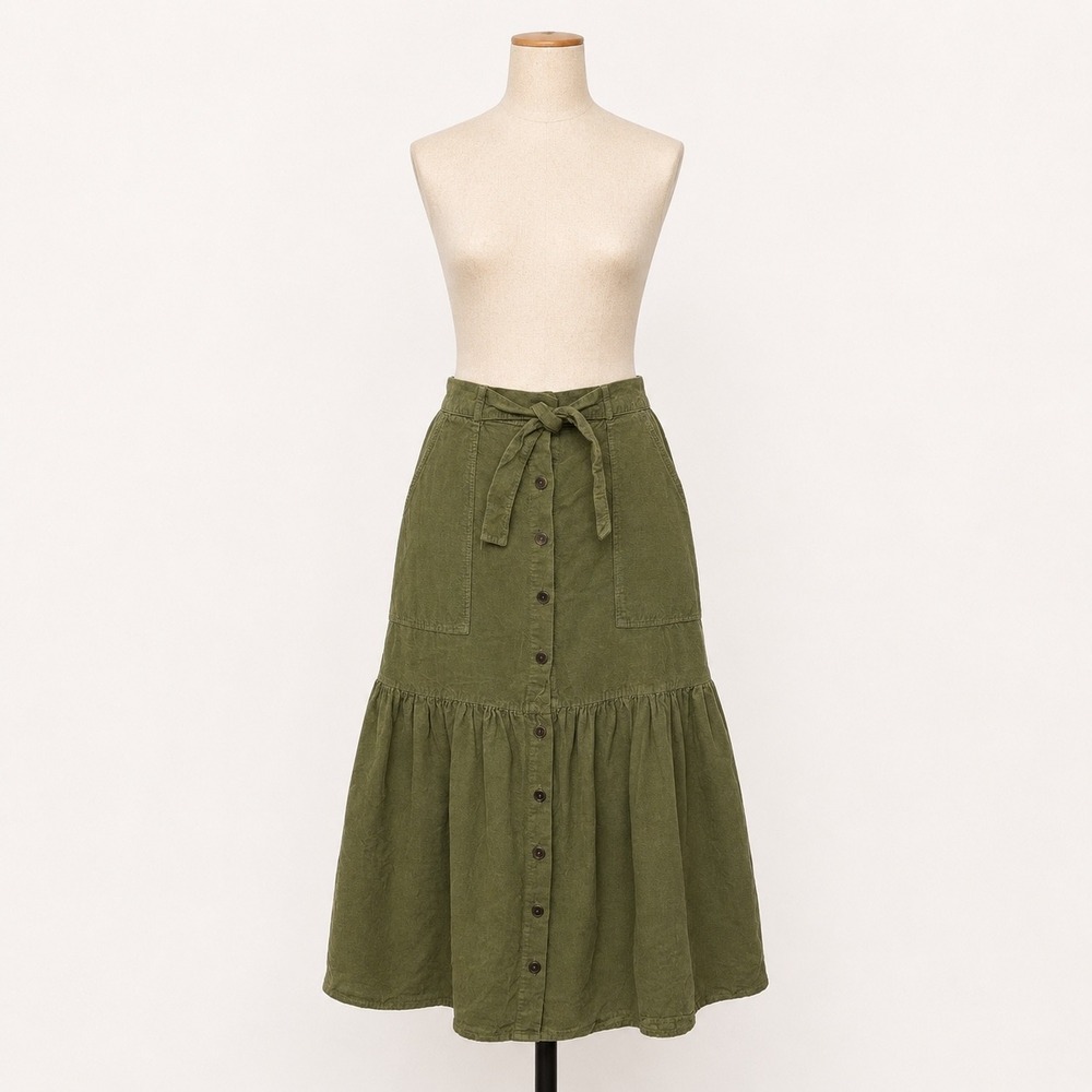 Anthropologie Amadi Olive Green Button Front Tiered Midi Skirt Sz S Made in USA - Picture 1 of 9